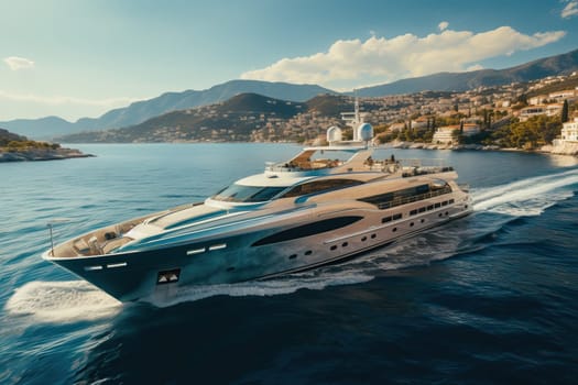 A yacht in the sea near the shores of land, on the background of tourist cities and mountains, yacht and rest at sea.