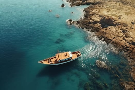 Fishing boat near the shore in the sea top view.