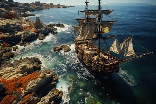 A large ship with sails, an old type of ship stands on the shoals of the sea near the beach, a top view of the ship, the sails are raised on the ship. Pirate ship sailing on the ocean.