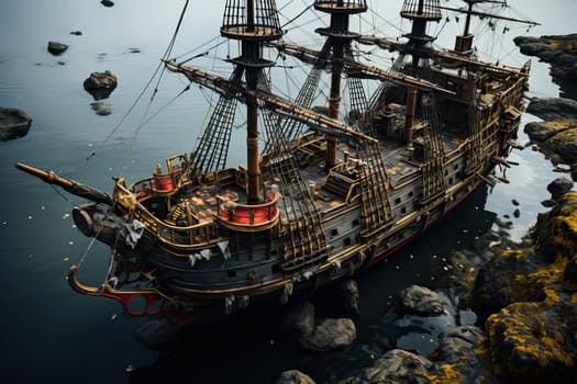 A large ship with sails, an old type of ship stands on the shoals of the sea near the beach, a top view of the ship, the sails are raised on the ship. Pirate ship sailing on the ocean.