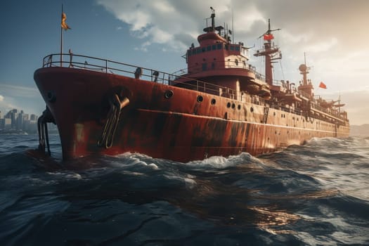 A large Chinese red warship at sea on duty.