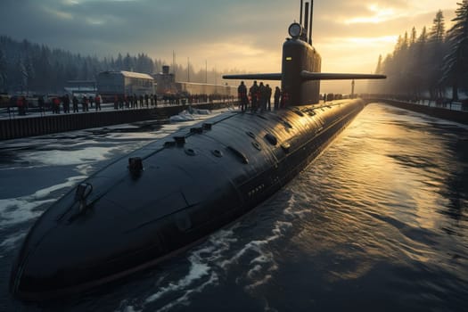 A nuclear submarine in the sea on the surface, a submarine for military operations.