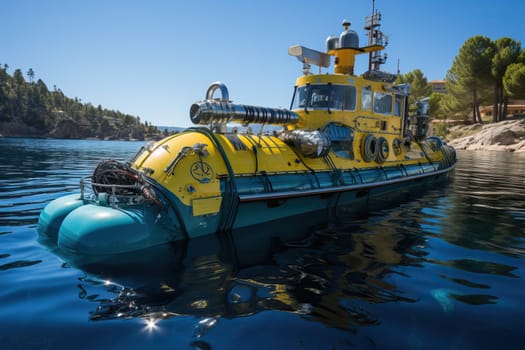 Bright yellow rescue boat at sea, coastal rescue service, boat near the shore.