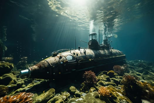 A submarine at the bottom of the sea is illuminated by the sun's rays.