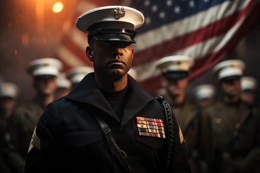 American military man with award on American flag background, African American military man.