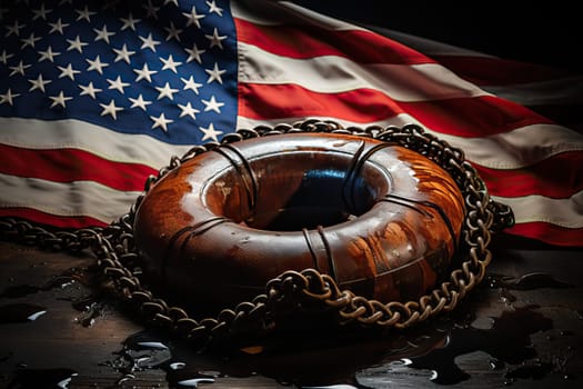 Rescue concept, help from america, lifebuoy with american flag top view.