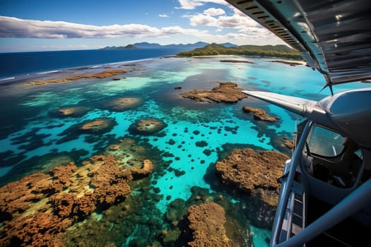 Helicopter view of coral reefs and the sea, a tourist location in the sea.