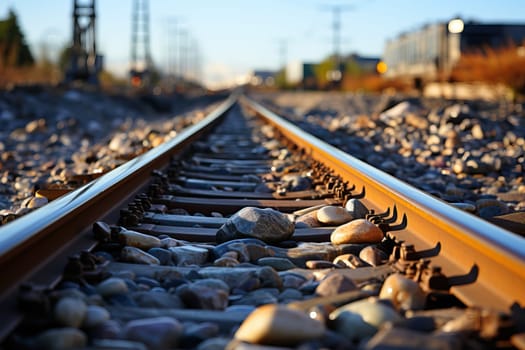 Magnified perspective view of railway tracks against the background of buildings.