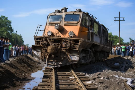 The train derailed, an accident on the railway track with a train, people are standing near the train.