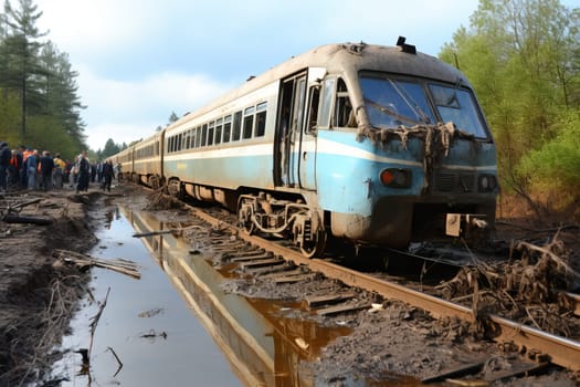 Old abandoned and already rusty train on the railway track. A missile strike attack on the civilian population during the war.