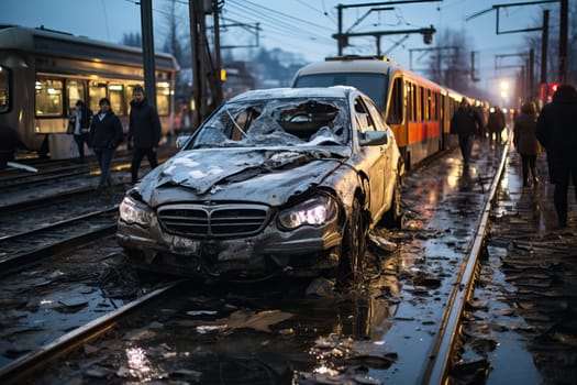 A car and train accident, an accident on the track with a car and a train. A missile strike attack on the civilian population during the war.