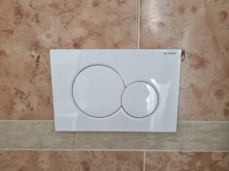 White toilet flush button hanging on tiled wall with rose marble background. Copy Space.