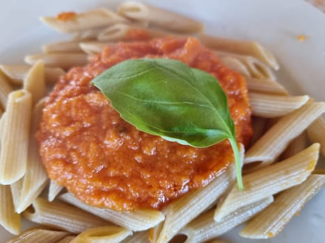 Delicious Italian pasta with tomato sauce and basil