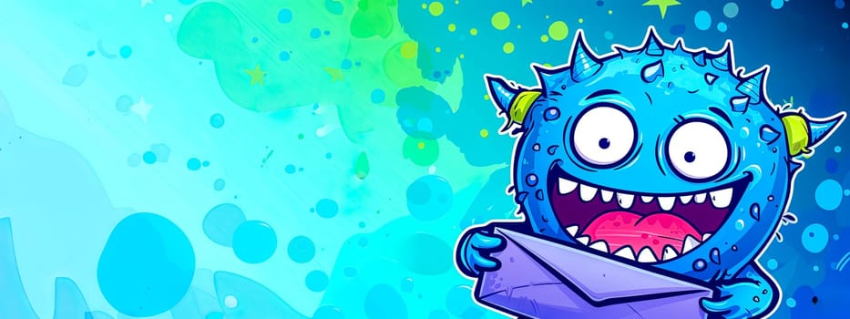 Cheerful Blue Cartoon Monster Reading a letter - Child-Friendly Fantasy Illustration, copy space