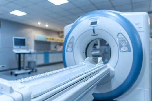 Advanced mri or ct scanner, medical diagnostic machine at hospital lab. Neural network generated image. Not based on any actual scene or pattern.