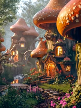 Whimsical Mushroom Houses in Enchanted Fairytale Forest Village, vertical