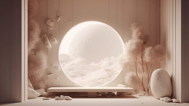 Interior with circular architecture form in 3D style. Abstract room with arc element and trees. Generated AI
