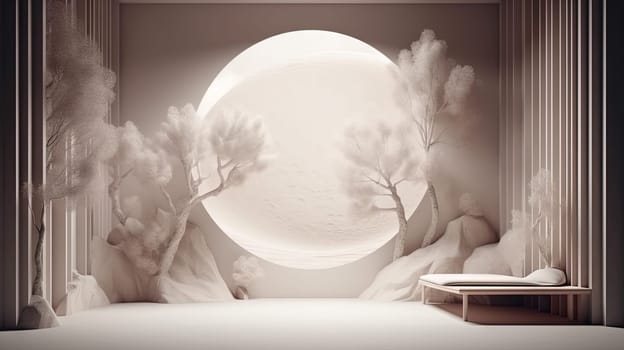 Interior with circular architecture form in 3D style. Abstract room with arc element and trees. Generated AI
