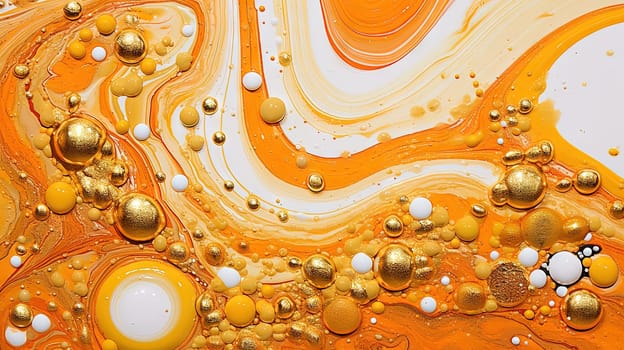 Abstract artistic background with orange marble and golden paint stains. Generated AI