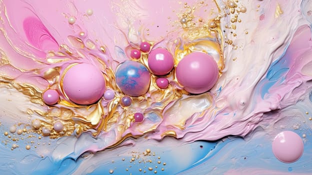 Abstract artistic background with pearlescent pink marble and holographic golden paint stains. Generated AI