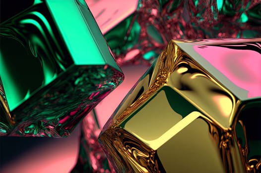 Abstract background with free 3D golden shapes, flowing and melting in surreal motion. Soft splashing abstract forms background with green and purple crystal inclusion. Generated AI