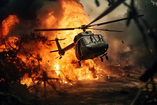 Action shot with helicopter hovering in the air over flame and explosions. Dynamic scene in action movie blockbuster style. Generated AI.