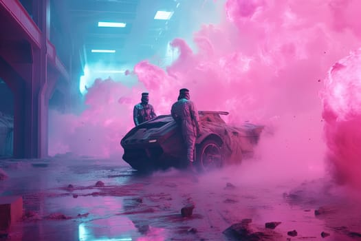 Futuristic post-apocalypse action scene with hero in sci-fi style. Vaporwave surreal shot with pink and blue smoke. Generated AI