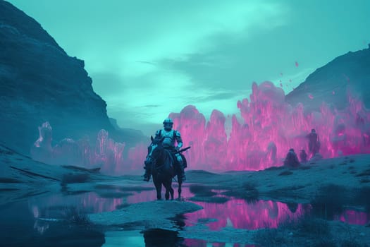 Futuristic post-apocalypse action scene with hero in sci-fi style. Vaporwave surreal shot with pink and blue smoke. Generated AI