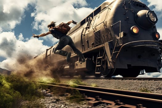 Action shot with man jumping off the train. Dynamic scene with railway carriage in action movie blockbuster style. Generated AI