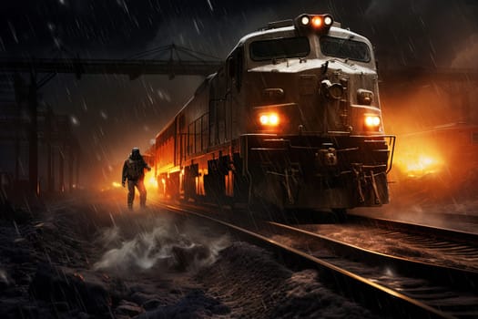 Action shot with man jumping off the train. Dynamic scene with railway carriage explosion in action movie blockbuster style. Generated AI