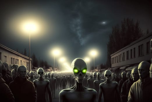 Alien crowd on the street. Monster invaders in sci-fi scene. Generated AI