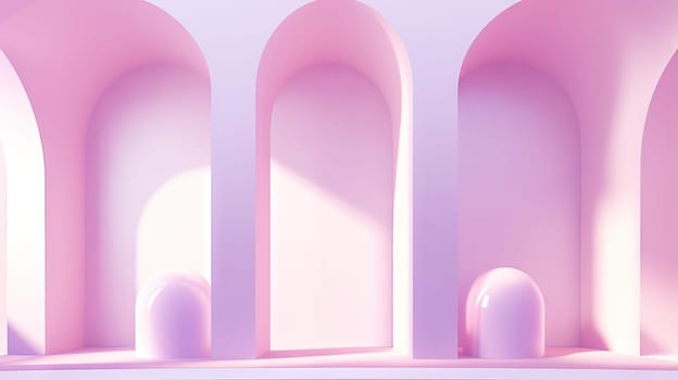 Abstract pink room with arch. Surreal architectural abstraction in pastel colors. Generated AI