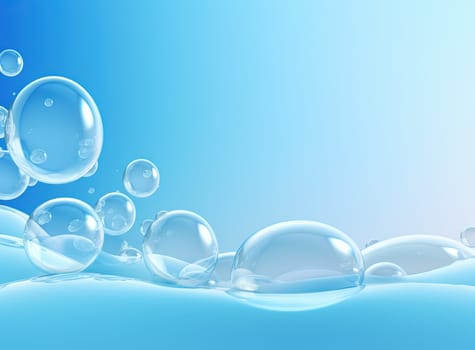 Soaring bubbles on blue background. Abstract soap bubbles floating background. Generated AI