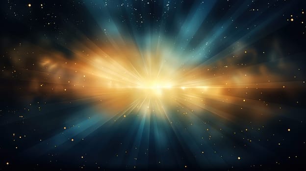 Abstract backgound with blue and orange light rays. God rays or light burst with bokeh. Generated AI