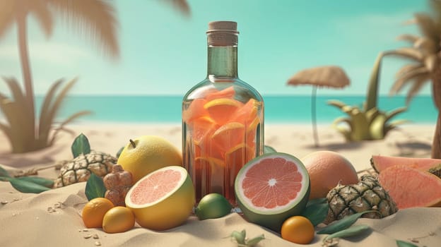 Bottle with fruit water or alcohol in the sand of the beach. Vacation scene with lemonade bottle on the shore line. Generative AI