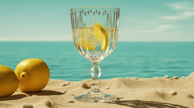 Glass with lemon water in the sand of the beach. Vacation scene with lemonade glass on the shore line. Generative AI.