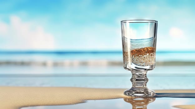Glass with water in the sand of the beach. Vacation scene with glass on the shore line. Generative AI.