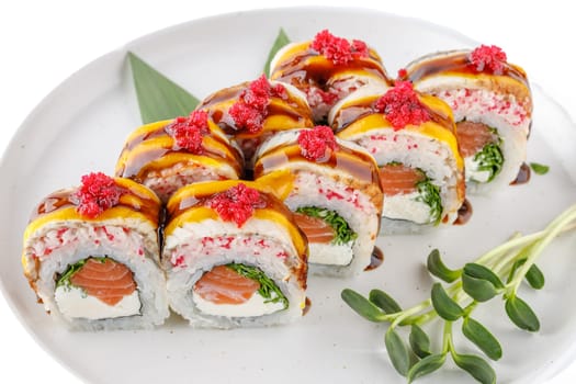 Roll scorched Aburi on a white background studio shooting