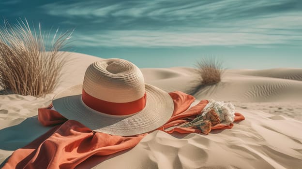 Hat and towel on the sand of the beach. Vacation scene with straw hat on the shore line. Generative AI