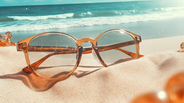 Glasses in the sand of the beach. Vacation scene with sunglass on the shore line. Generative AI