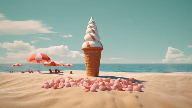 Ice cream cone in the sand of the beach. Vacation scene with ice cream on the shore line. Generative AI
