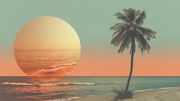 Palm tree on the sand of the beach. Vacation scene with palm on the shore line. Generative AI