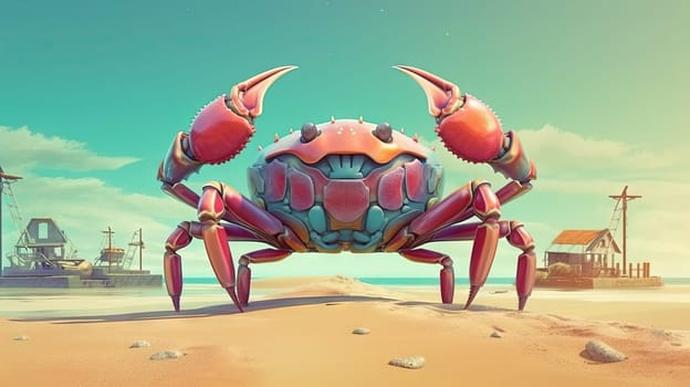 Curious crab on the sandy beach in nostalgic card style. Retro vacation postcard with crab on the coast. Generated AI
