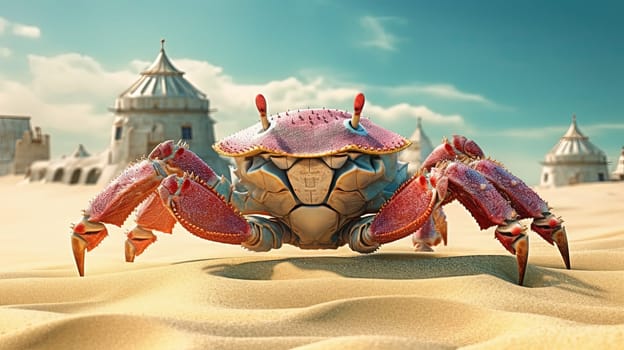 Curious crab on the sandy beach in nostalgic card style. Retro vacation postcard with crab on the coast. Generated AI
