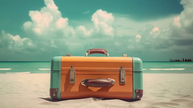 Suitcase in the sand of the beach. Vacation scene with travel case on the shore line. Generative AI