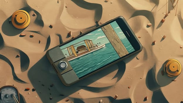 Smartphone in the sand of the beach. Vacation scene with phone on the shore line. Generative AI