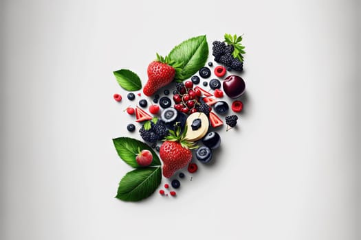 Various berries composition with leaves on white background. Juicy berries laying. Generated AI