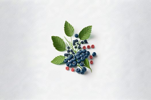Various berries composition with leaves on white background. Juicy berries laying. Generated AI