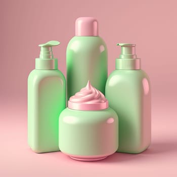 Cosmetics bottles mockup. Empty green bottles on the pink background. Generative AI