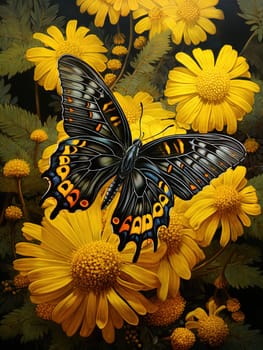 Butterfly on the colorful flowers and plants. Calm nature scene with dreamy colors. Generated AI